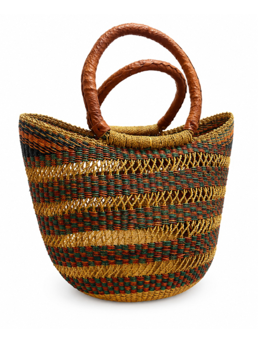 Authentic Ghana Bolga Tote Handwoven Basket with Leather Handle - Picture 2 of 8